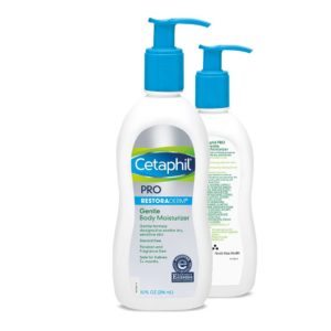 Vorder- und Rückansicht der Cetaphil Pro Eczema Beruhigende Feuchtigkeitspflege Flasche