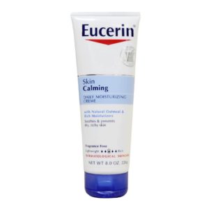 Vorderansicht einer Tube Eucerin Skin Calming Natural Oatmeal Enriched Creme - die Version mit blauer Kappe