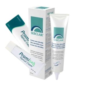 Tube und Umverpackung von zwei Cremes; Sebclair Dermatola und Promiseb Topical