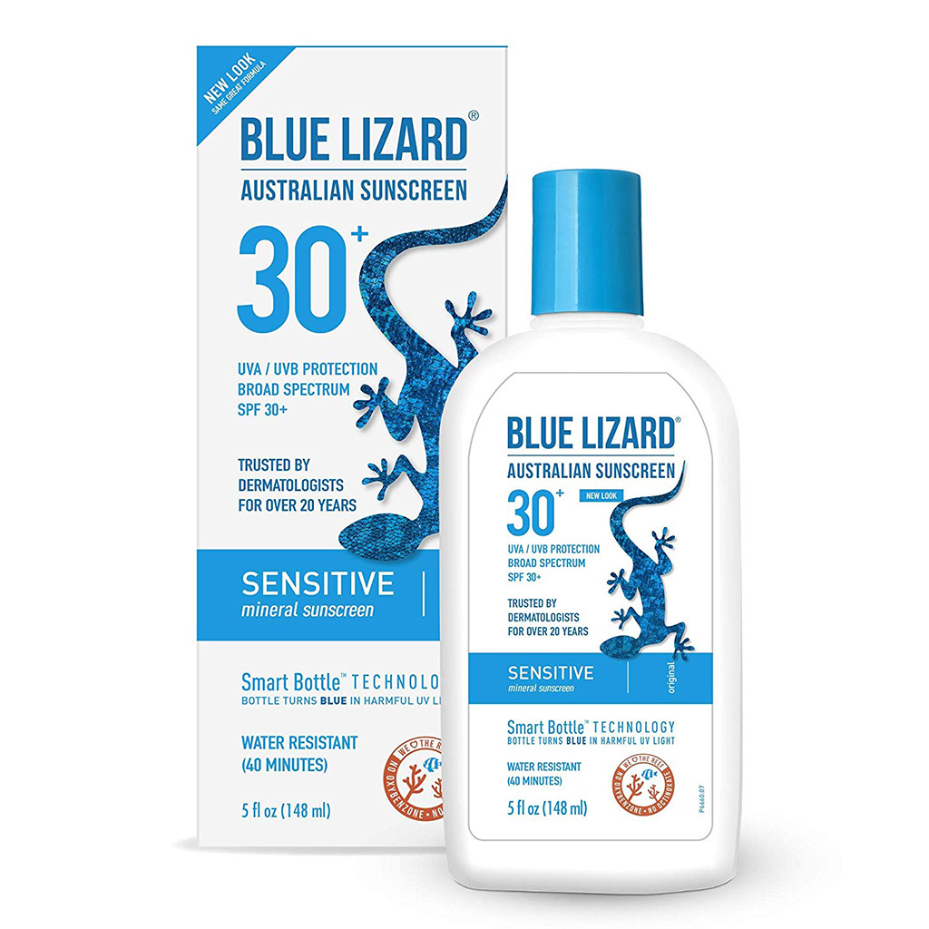 Flasche und Verpackung von Blue Lizard Australian Sunscreen - ein guter zinkoxidbasierter Kandidat für zu seborrhoischer Dermatitis neigende Haut